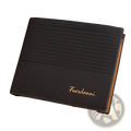 Black leather slim bifold wallet for men with textured pattern and gold-colored Fuerdanni branding on front side