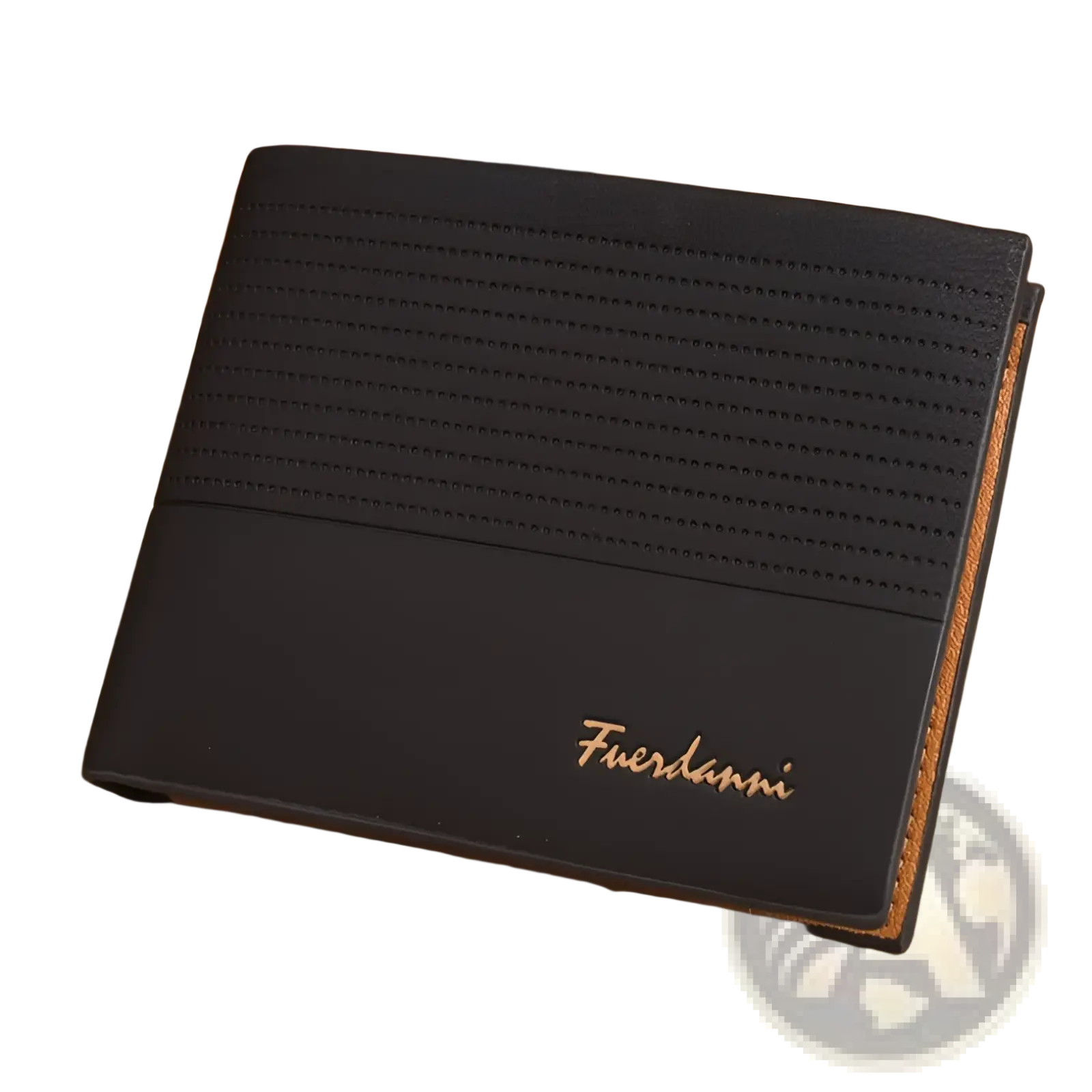 Black leather slim bifold wallet for men with textured pattern and gold-colored Fuerdanni branding on front side