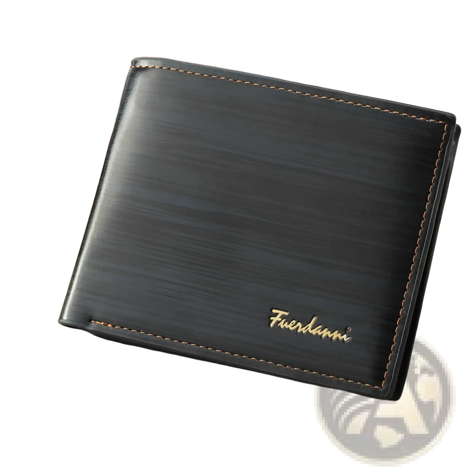 Black textured leather slim bifold wallet for men with gold stitching and embossed Fuerdanni logo on the front