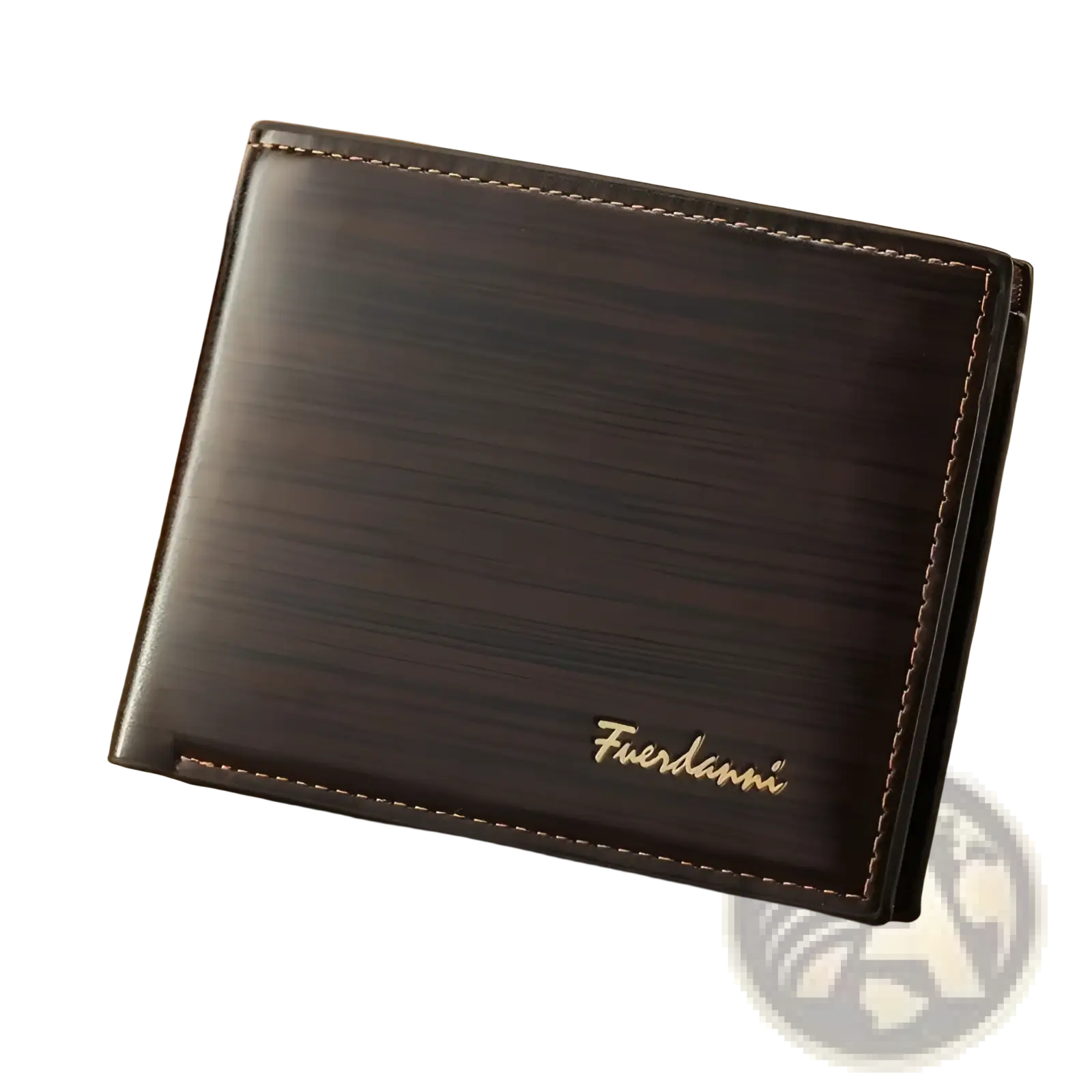 Dark brown genuine leather slim bifold wallet for men with gold stitching and metallic fuerdanni logo embossed