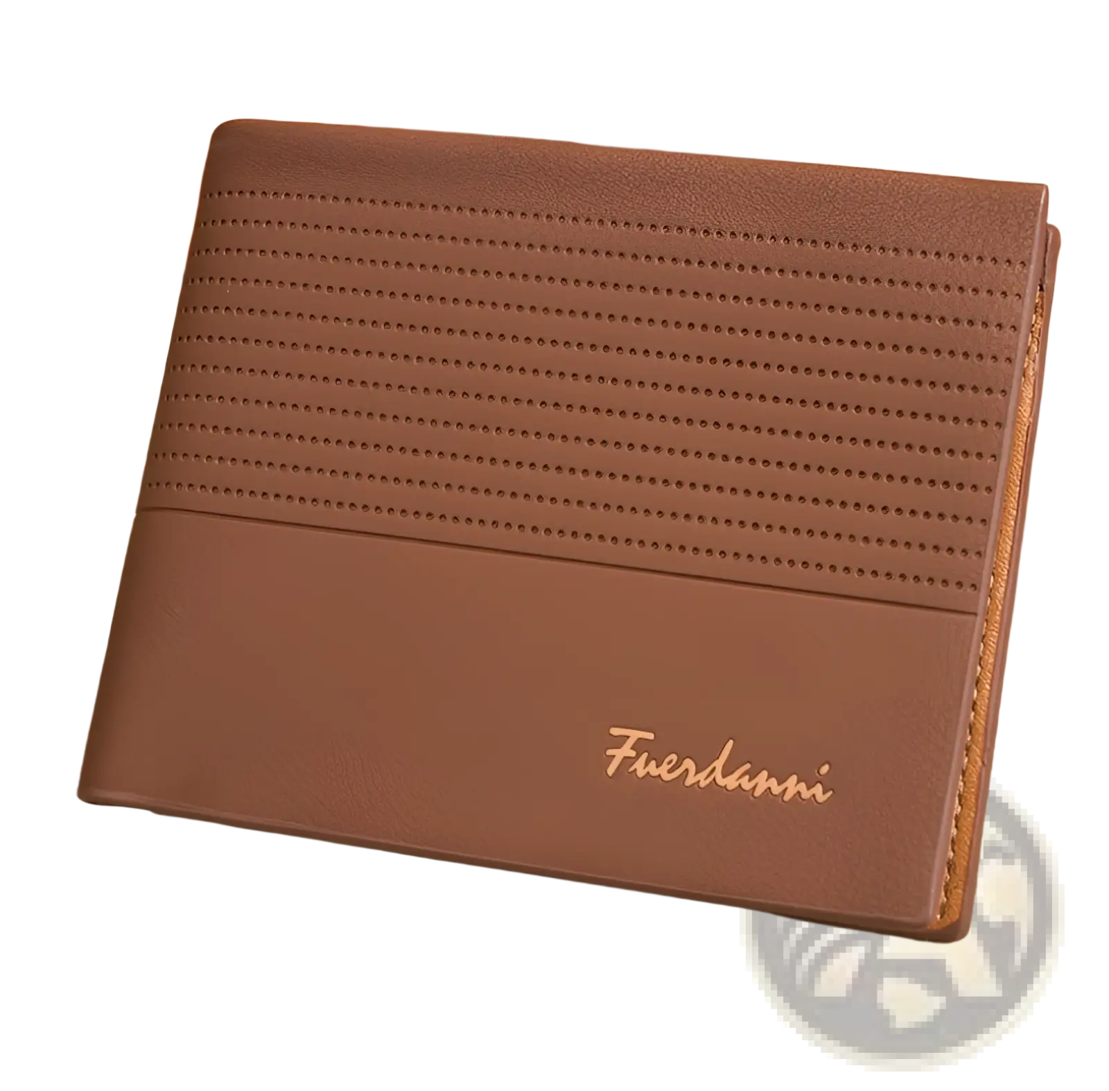 Brown leather slim bifold wallet for men with perforated texture and gold-colored Fuerdanni branding