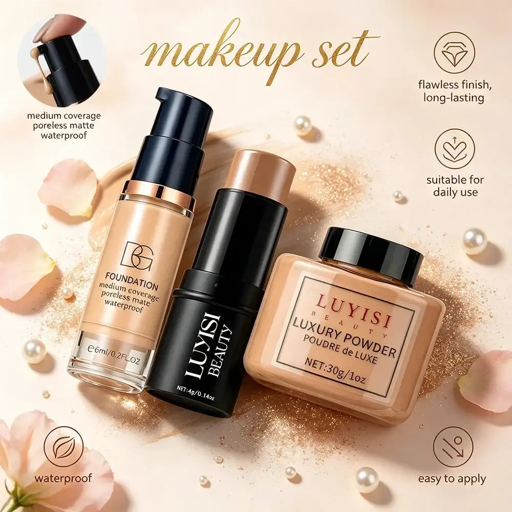 Luyisi beauty luxury powder compact with black lid and beige square container full coverage waterproof makeup set