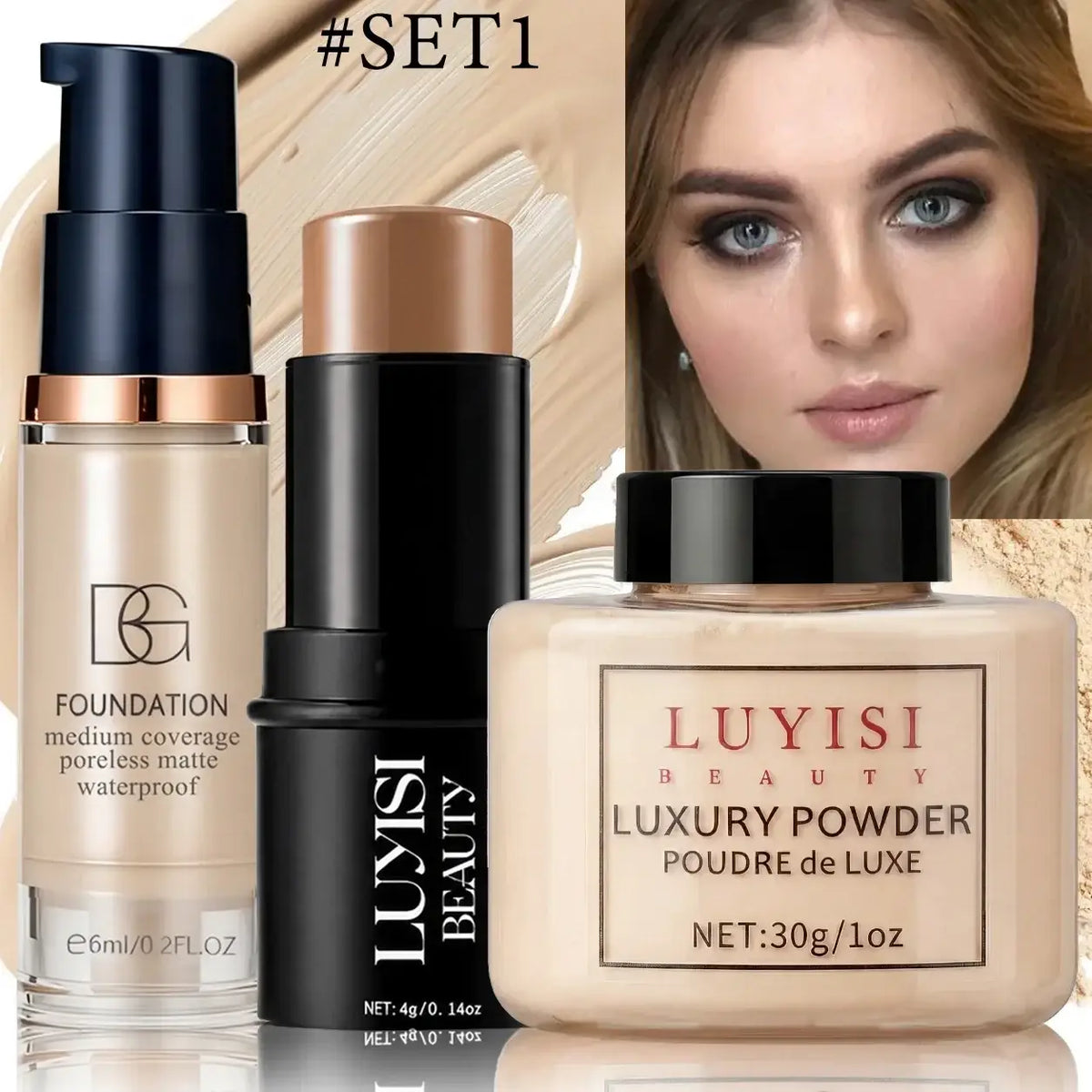 Luyisi beauty luxury powder in beige square jar with black lid and gold-trimmed label full coverage waterproof set