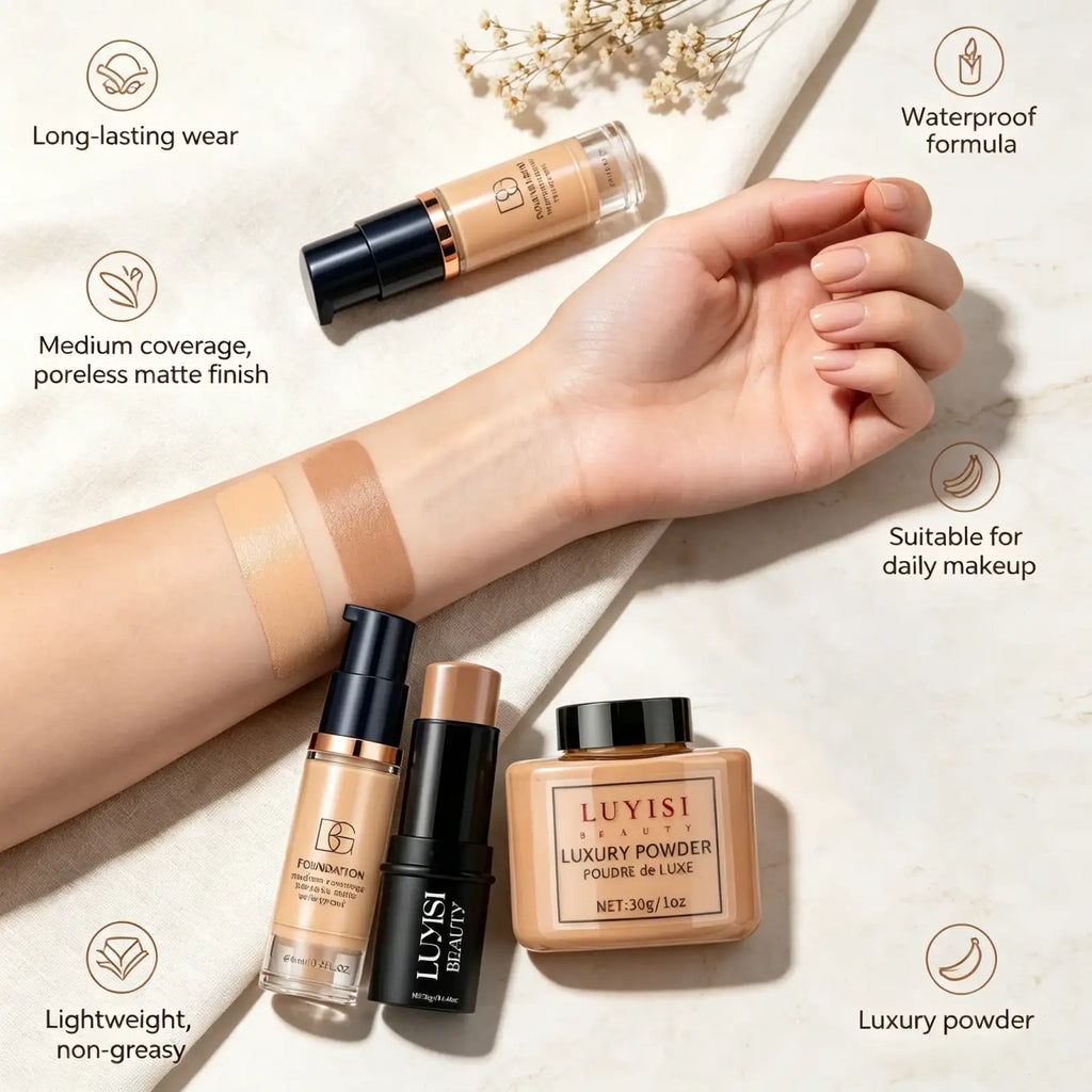 Luyisi beauty full coverage waterproof foundation in a sleek black rose gold pump with clear glass body and beige texture