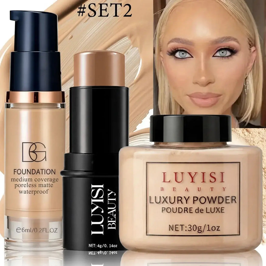 Luyisi beauty luxury powder in a beige square container with black lid and gold lettering for full coverage waterproof makeup set