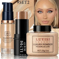 Luyisi beauty luxury powder in a beige square container with black lid and gold lettering for full coverage waterproof makeup set