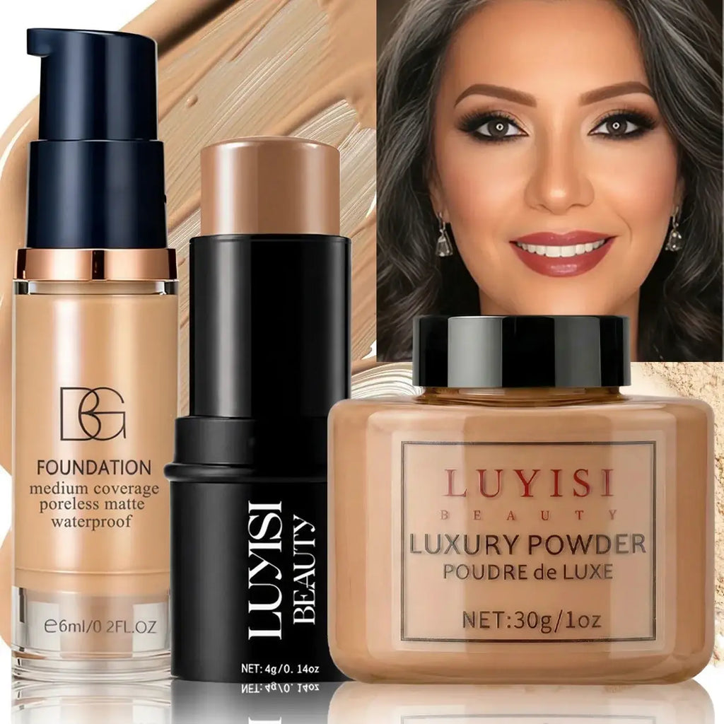 Luyisi beauty luxury powder in square glass jar with black lid and gold label for full coverage waterproof makeup set