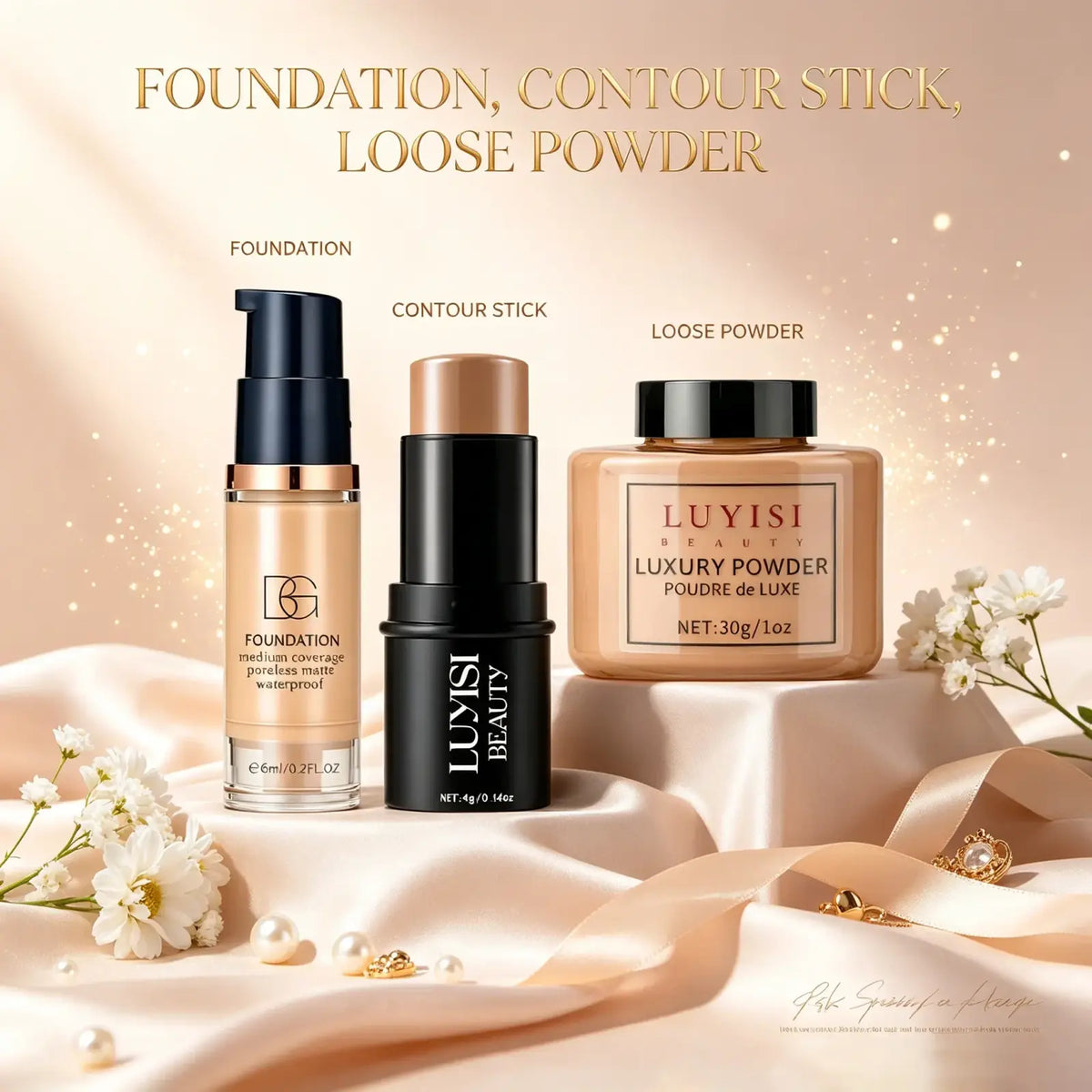 Luyisi beauty luxury powder in a sleek beige jar with black lid and gold lettering for full coverage waterproof makeup set