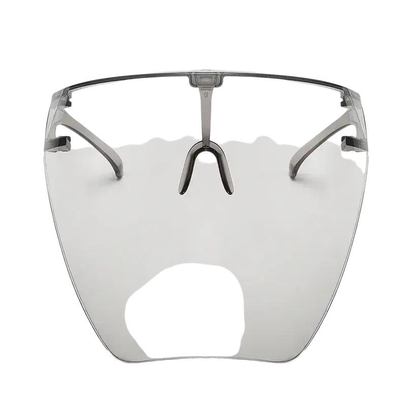 Full face safety glasses protective face shield featuring clear transparent shield with sleek metallic frame and adjustable earpieces