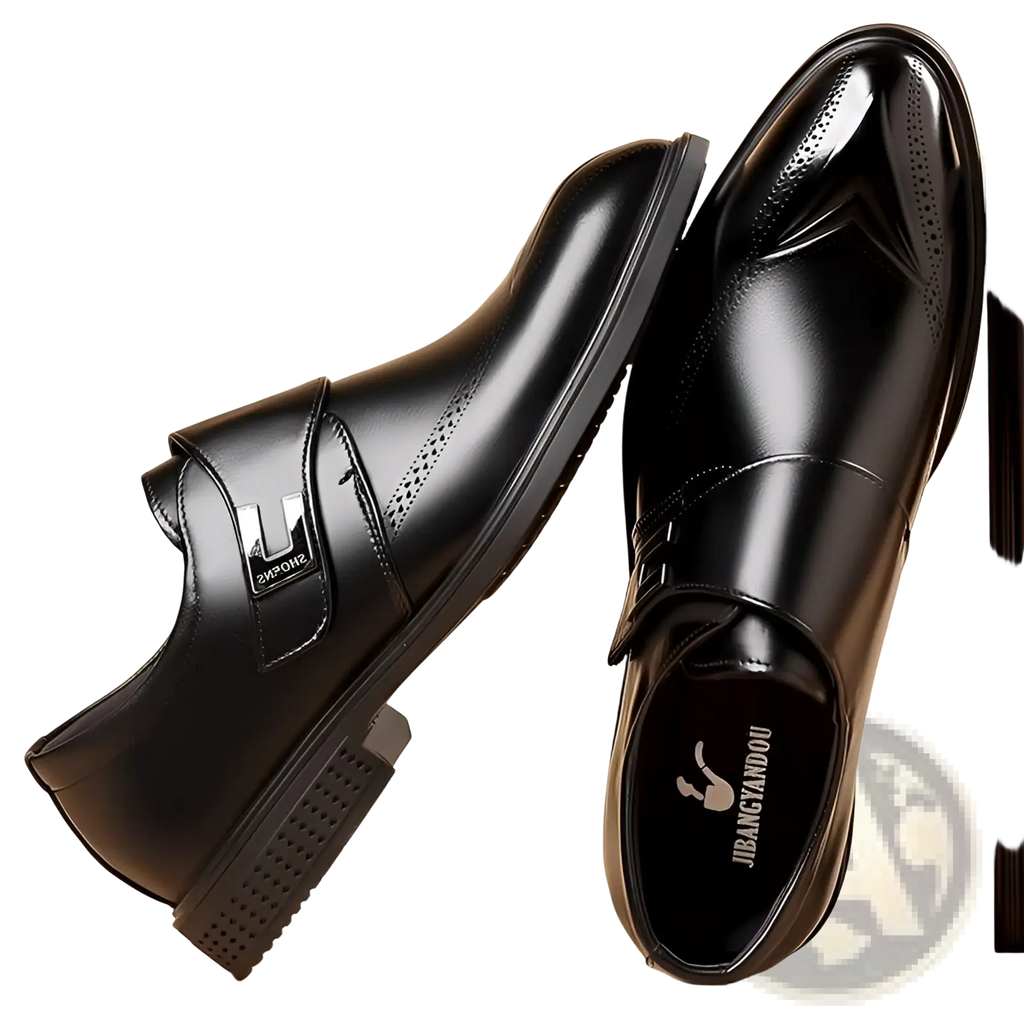 Black leather full grain brogue dress shoes with pipe toe and glossy finish for men