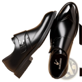 Black leather full grain brogue dress shoes with pipe toe and glossy finish for men