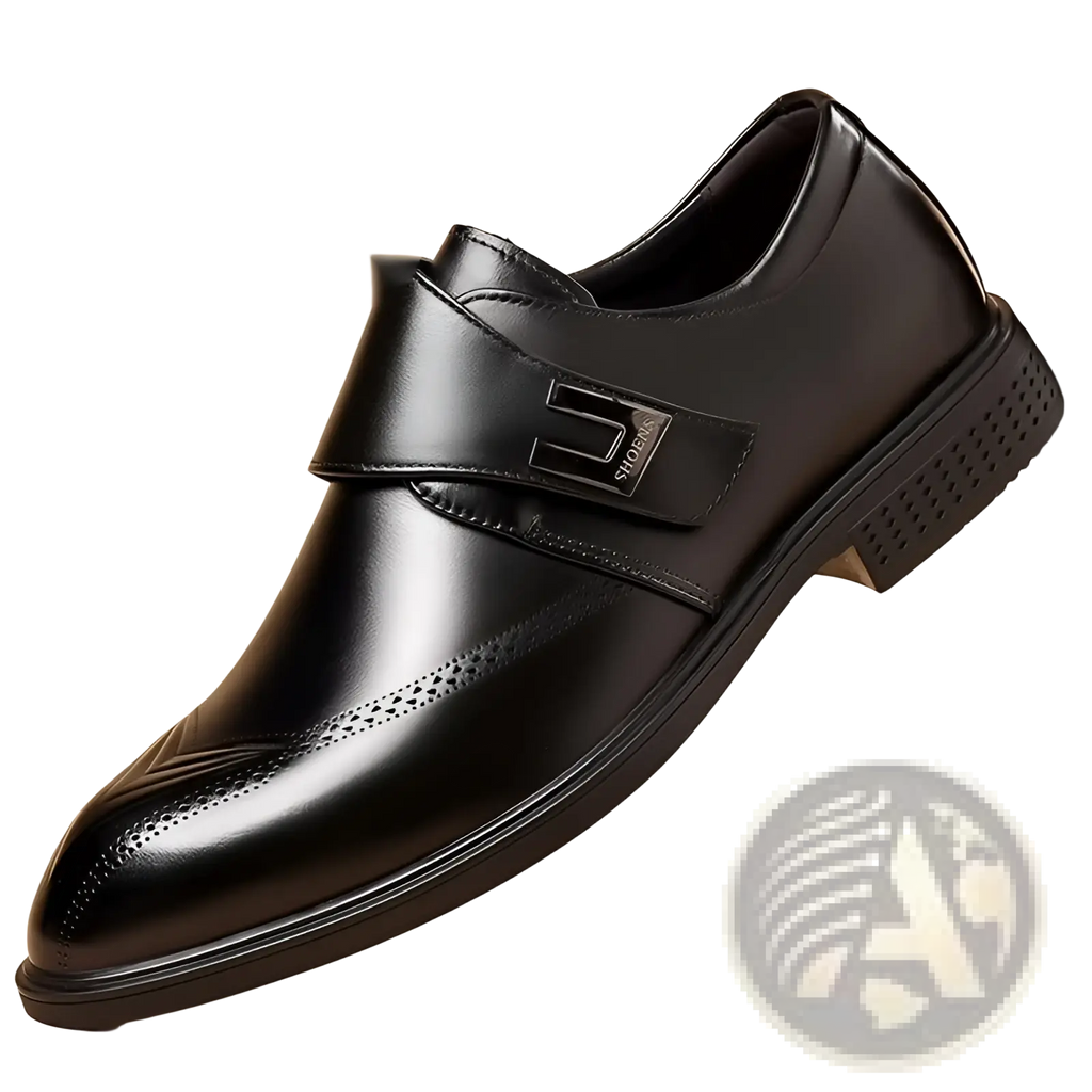 Black full grain leather brogue dress shoe with pipe toe featuring polished finish and subtle perforated detailing