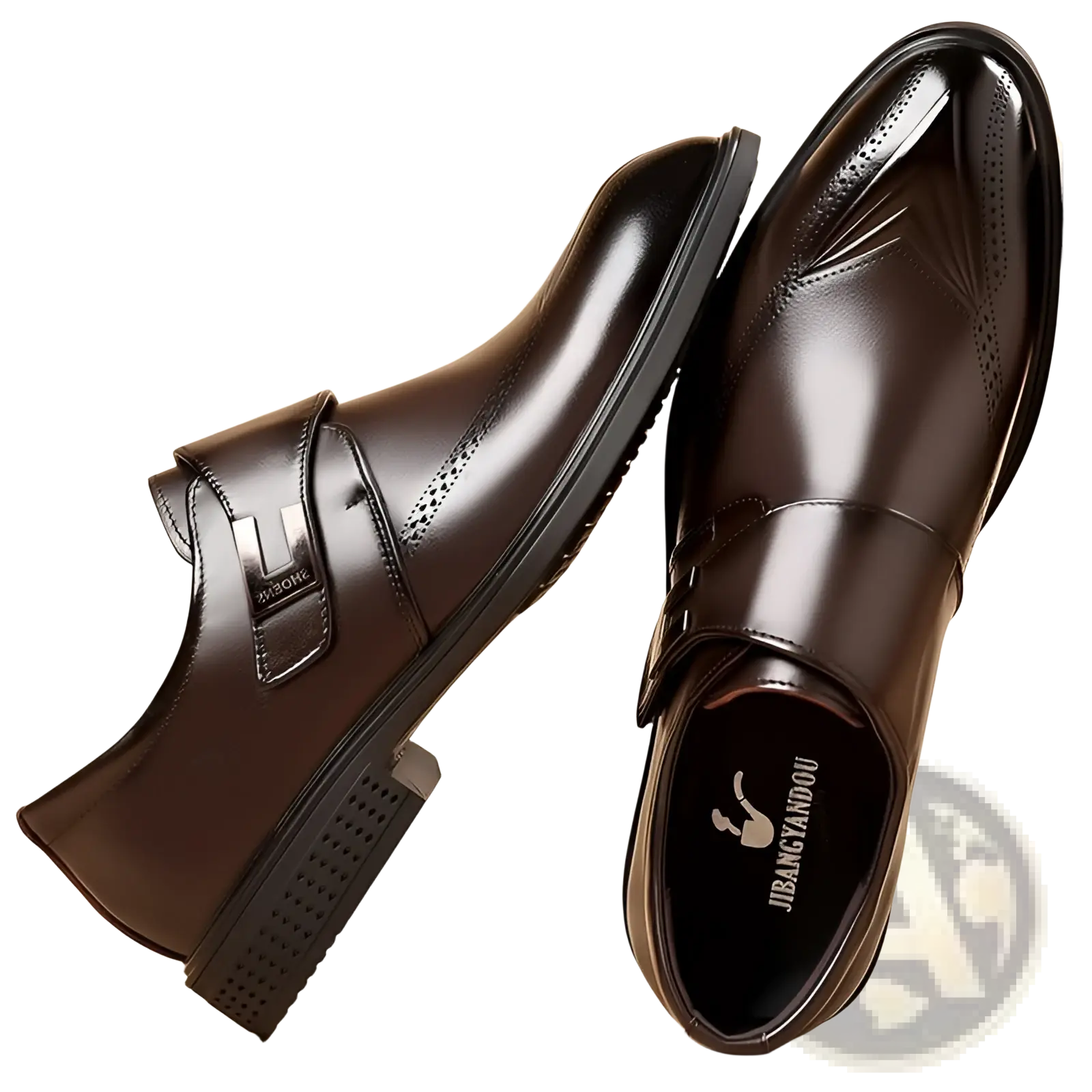 Full grain leather black brogue dress shoes with pipe toe featuring a polished finish and decorative perforated detailing