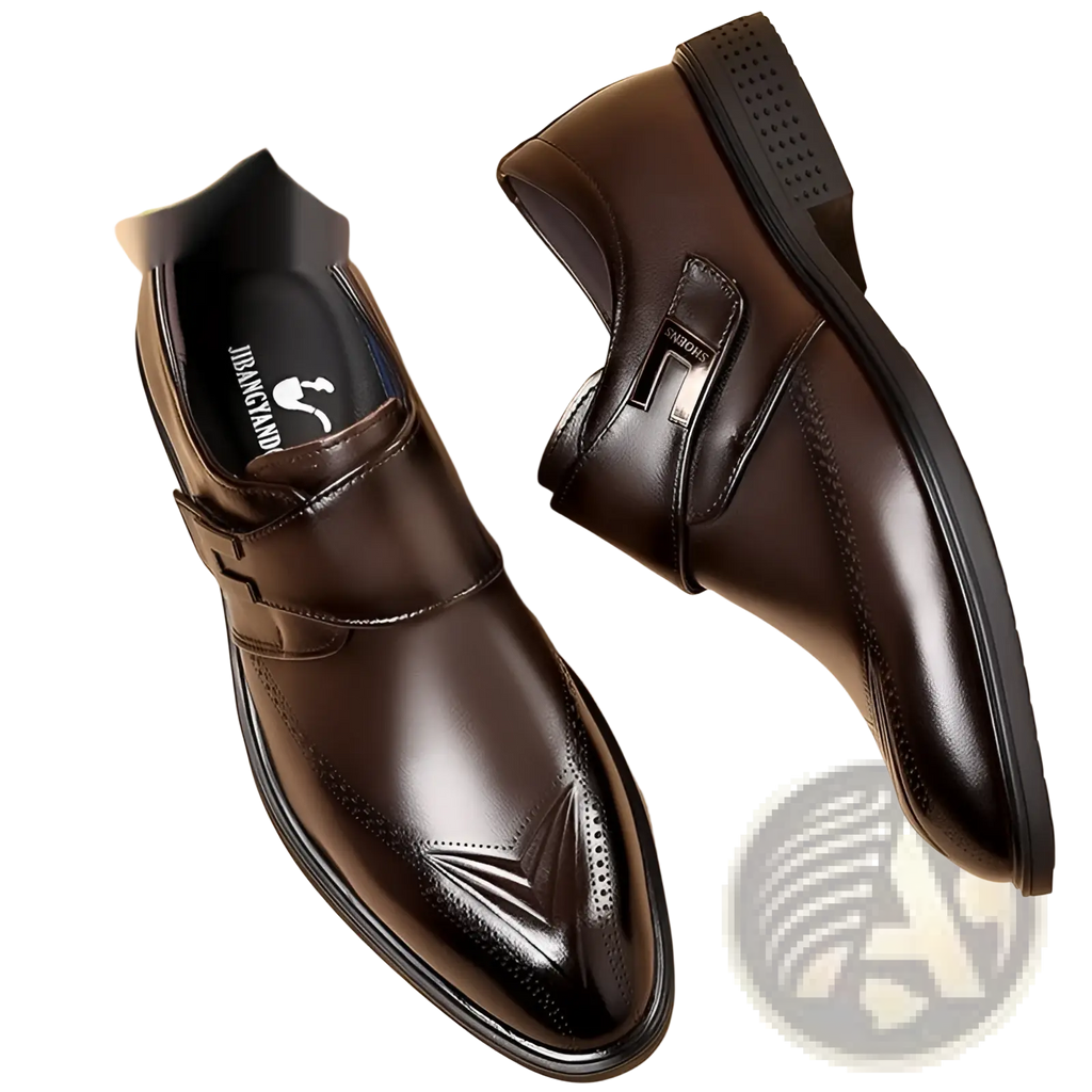 Full grain leather brogue dress shoes in brown with polished finish and decorative pipe toe detailing