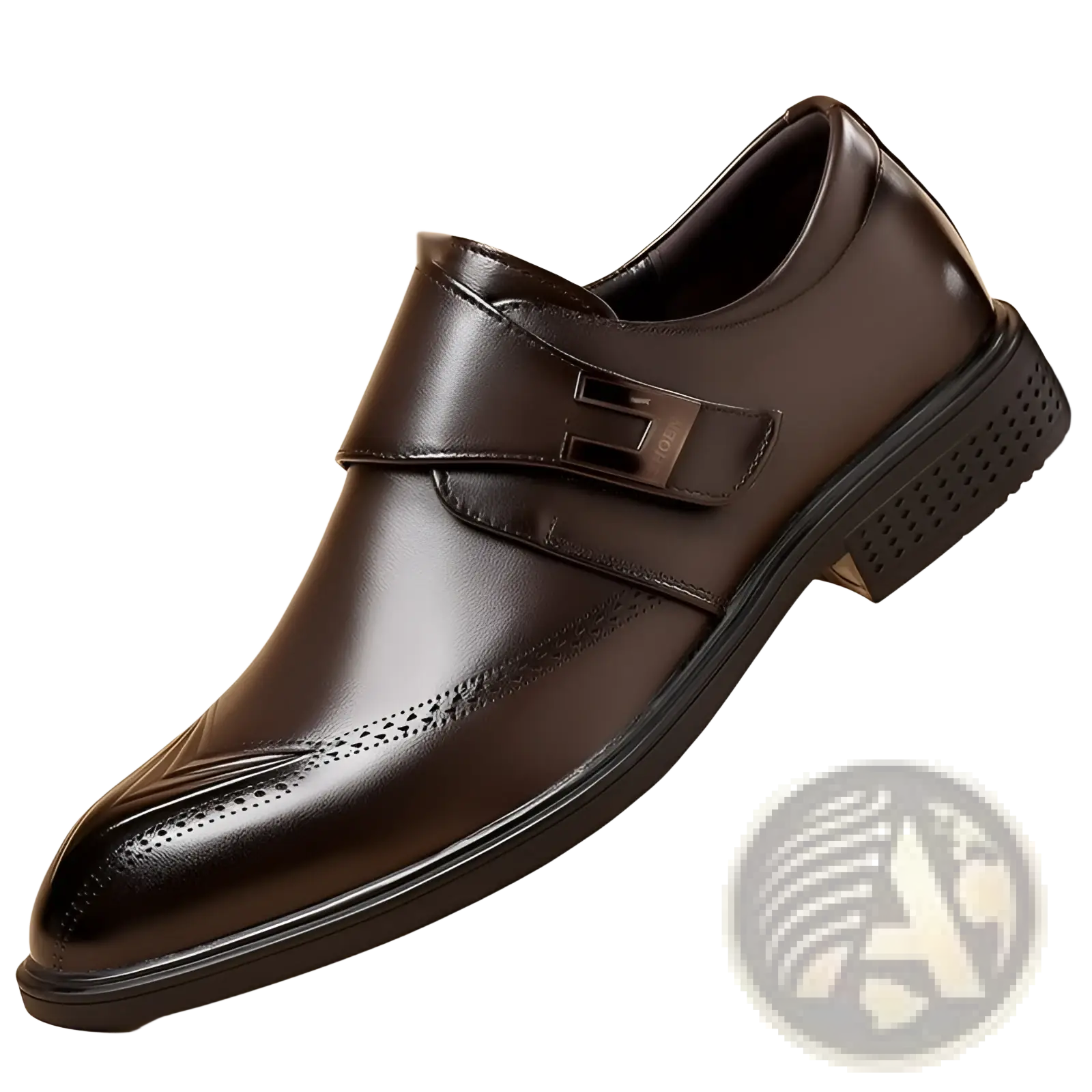 Brown full grain leather brogue dress slip-on shoe with pipe toe and buckle strap detailing