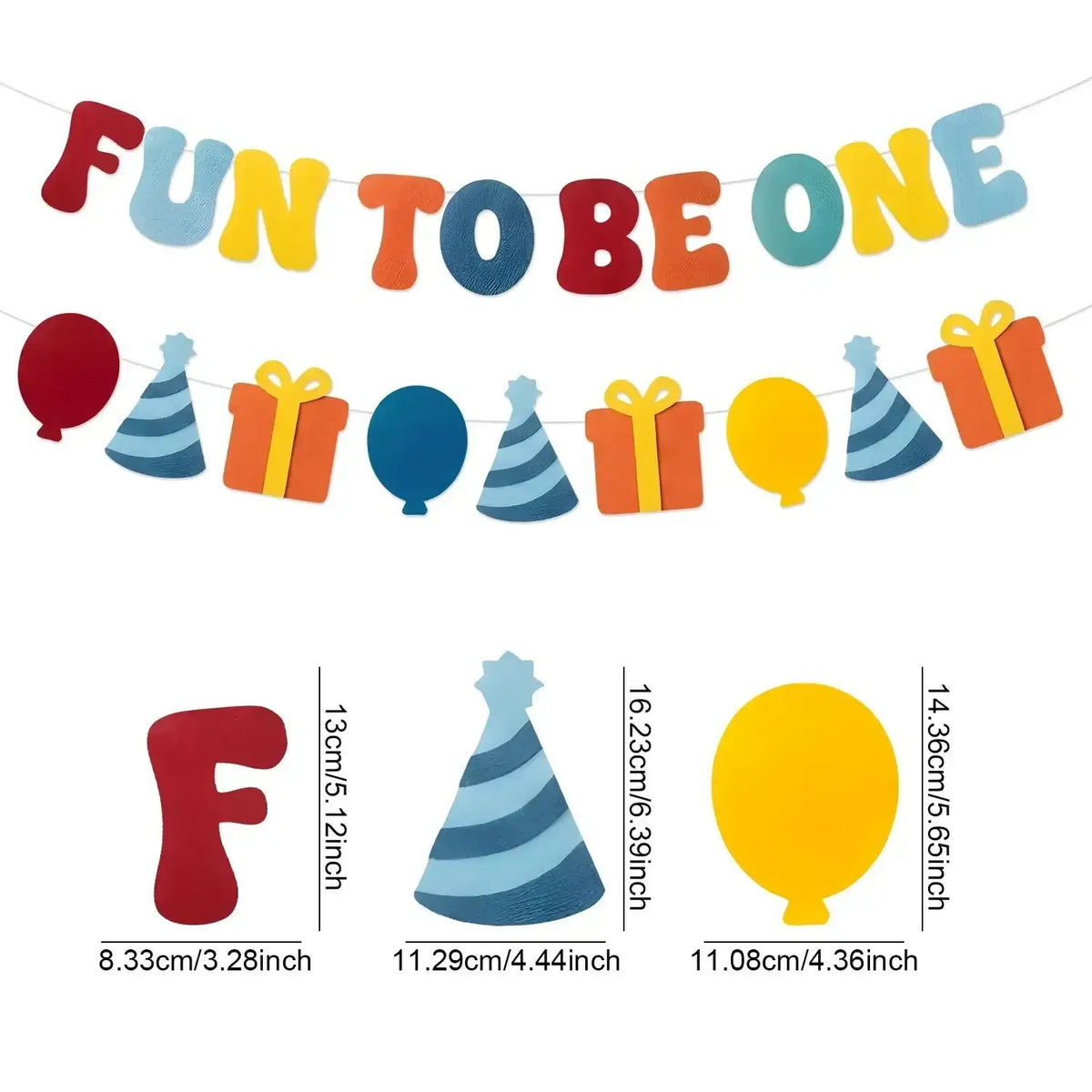 Colorful felt birthday banner with foam letters and festive shapes like balloons hats and gifts for birthday decor