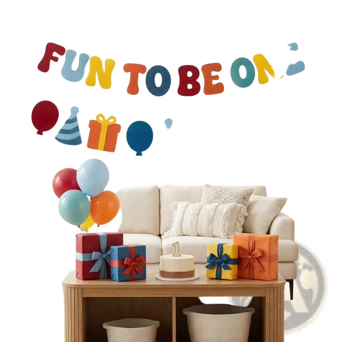 Fun to be one felt birthday banner with colorful foam letters and festive party icons for first birthday celebration