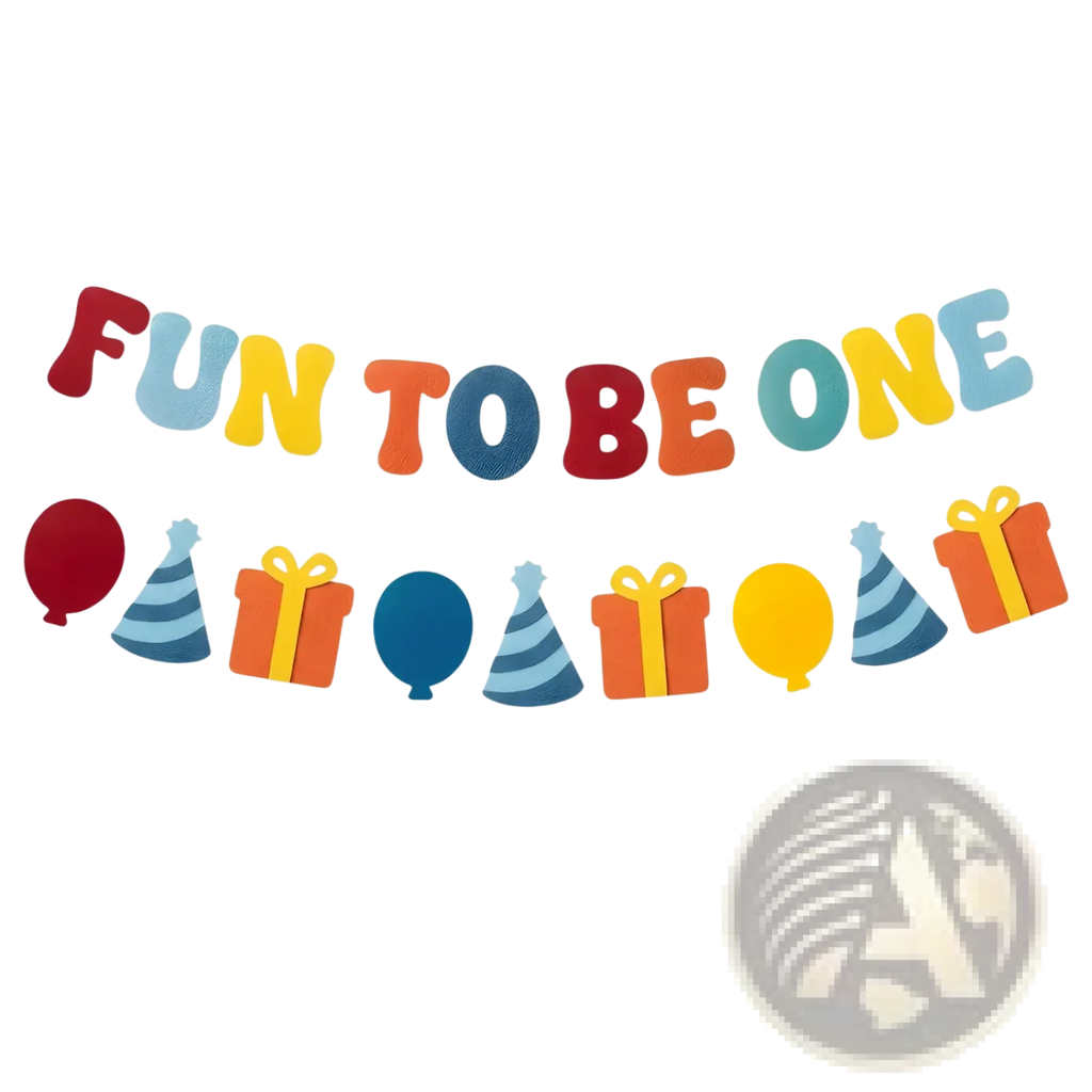 Colorful felt birthday banner with foam letters displaying fun to be one for festive party decoration