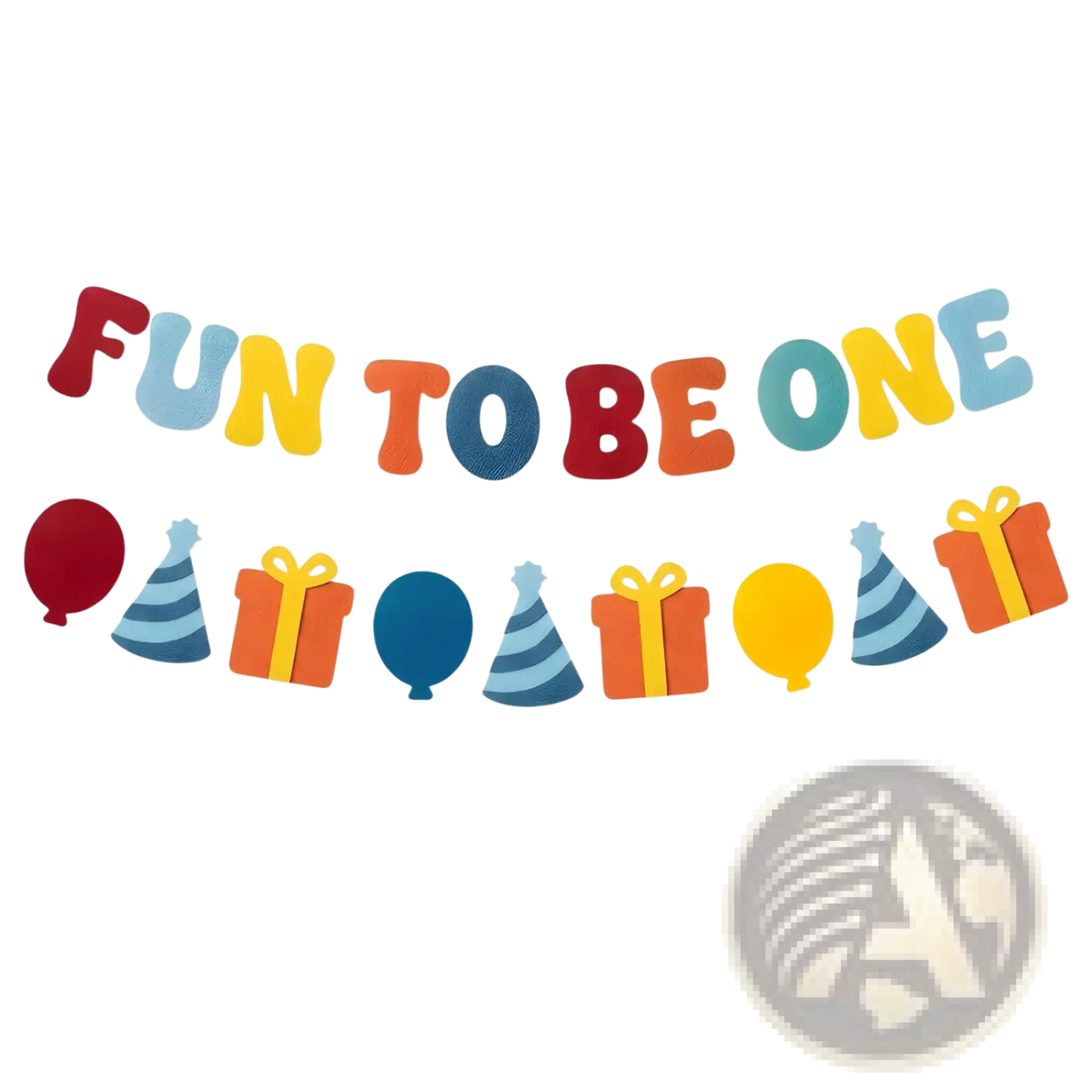 Colorful felt birthday banner with foam letters displaying fun to be one for festive party decoration