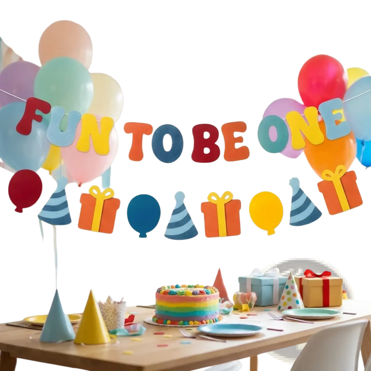 Fun to be one felt birthday banner featuring a rainbow-colored birthday cake with colorful frosting and sprinkles