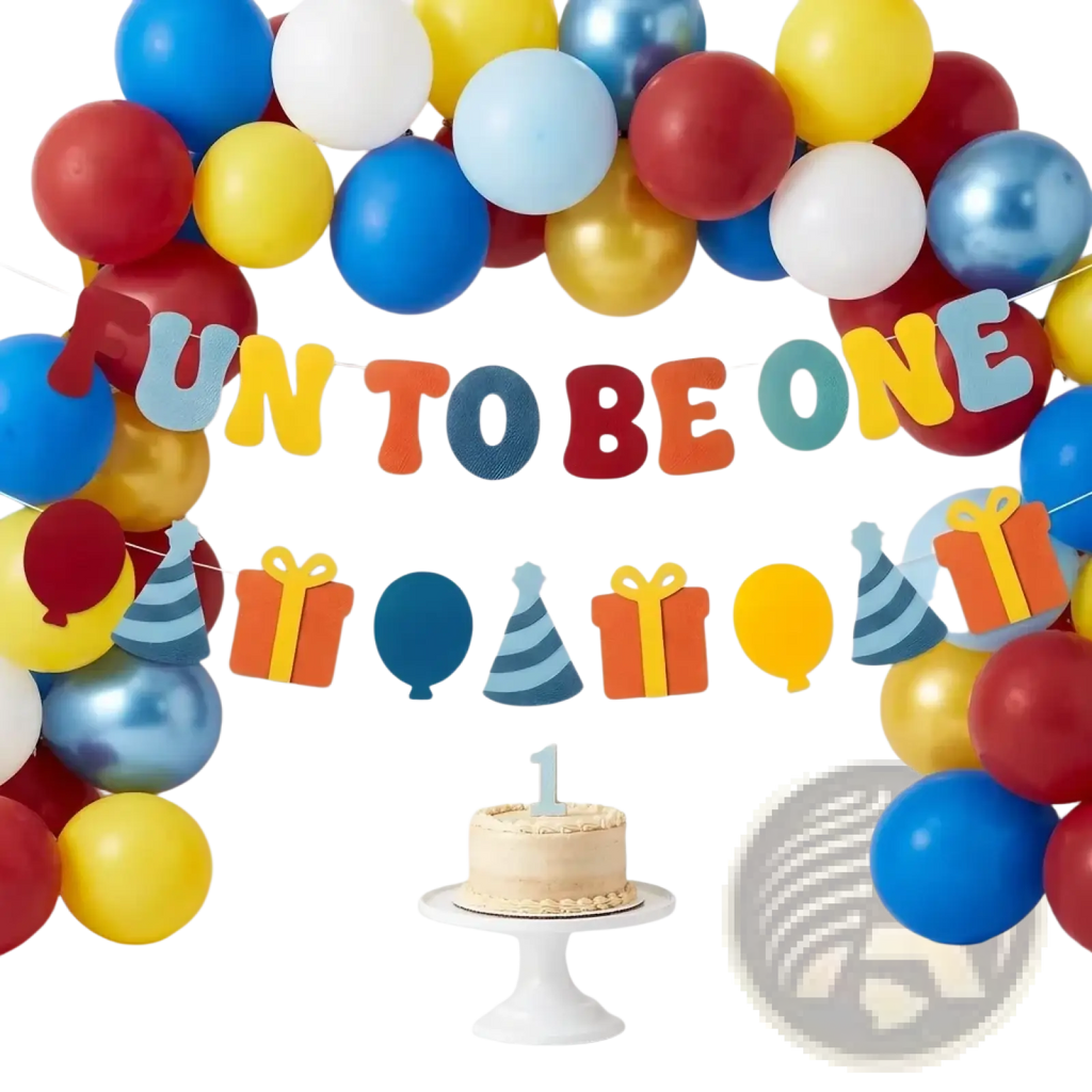 Fun to be one felt birthday banner with a small single-tiered beige frosting cake and blue number 1 topper