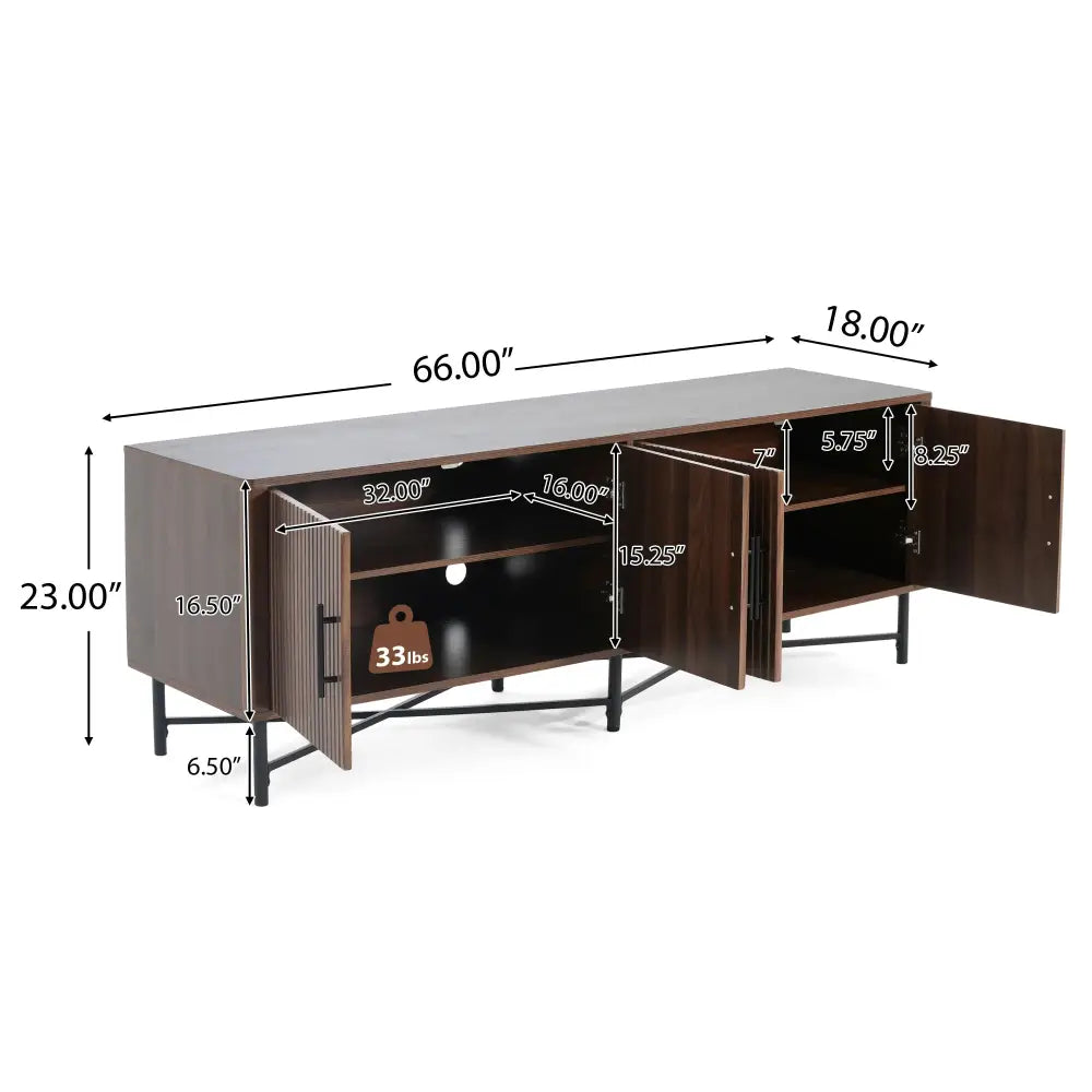 Modern dark wood chestnut tv cabinet with vertical slats black metal legs and open doors revealing interior shelves