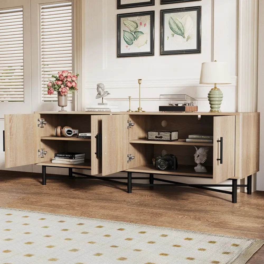 Light wood finish slat door 4 door tv cabinet with adjustable shelves and black metal legs and handles