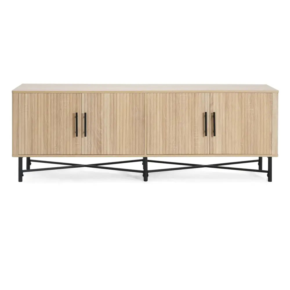 Modern light wood slat door 4 door tv cabinet with vertical slats and black metal x-shaped legs with adjustable shelves