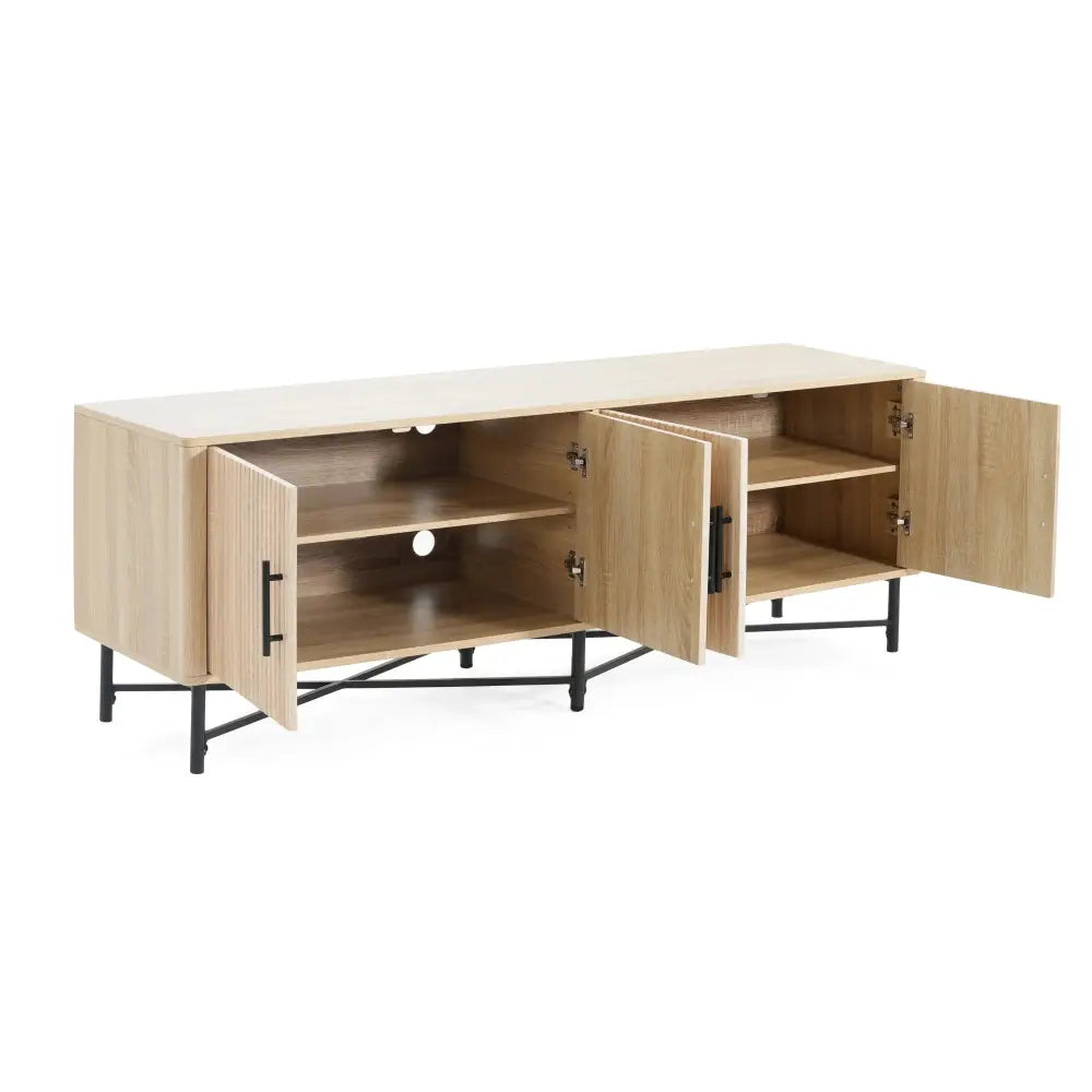 Modern light wood-finish slat door 4 door tv cabinet with black metal legs and handles and adjustable shelves