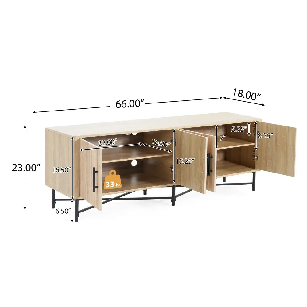 Light wood finish slat door 4 door tv cabinet with black metal legs and adjustable shelves inside two open doors