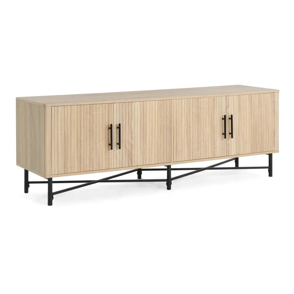 Light oak wood slat door 4 door tv cabinet with vertical slats black metal legs and adjustable shelves