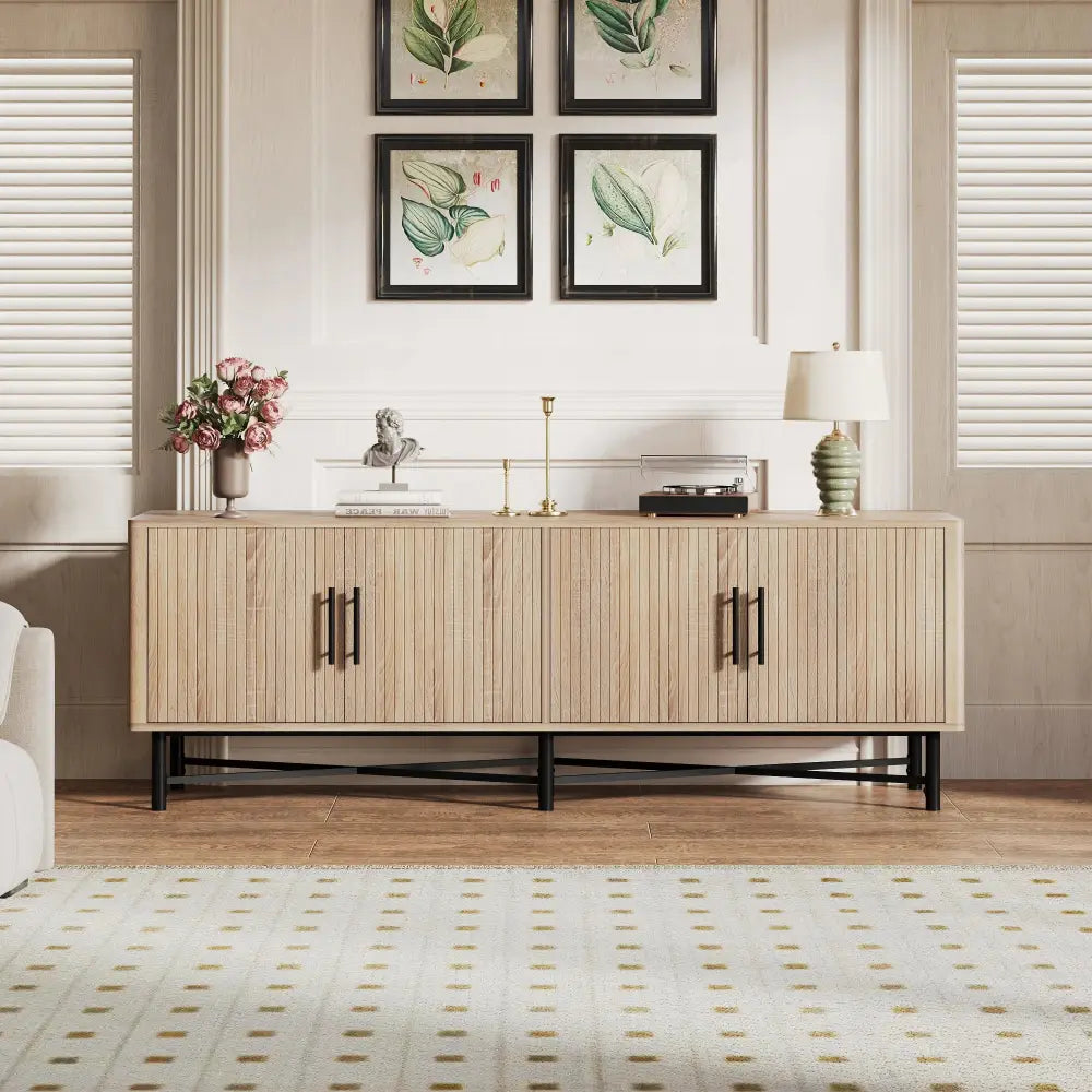 Light wood slat door 4 door TV cabinet with adjustable shelves black metal legs and handles sideboard