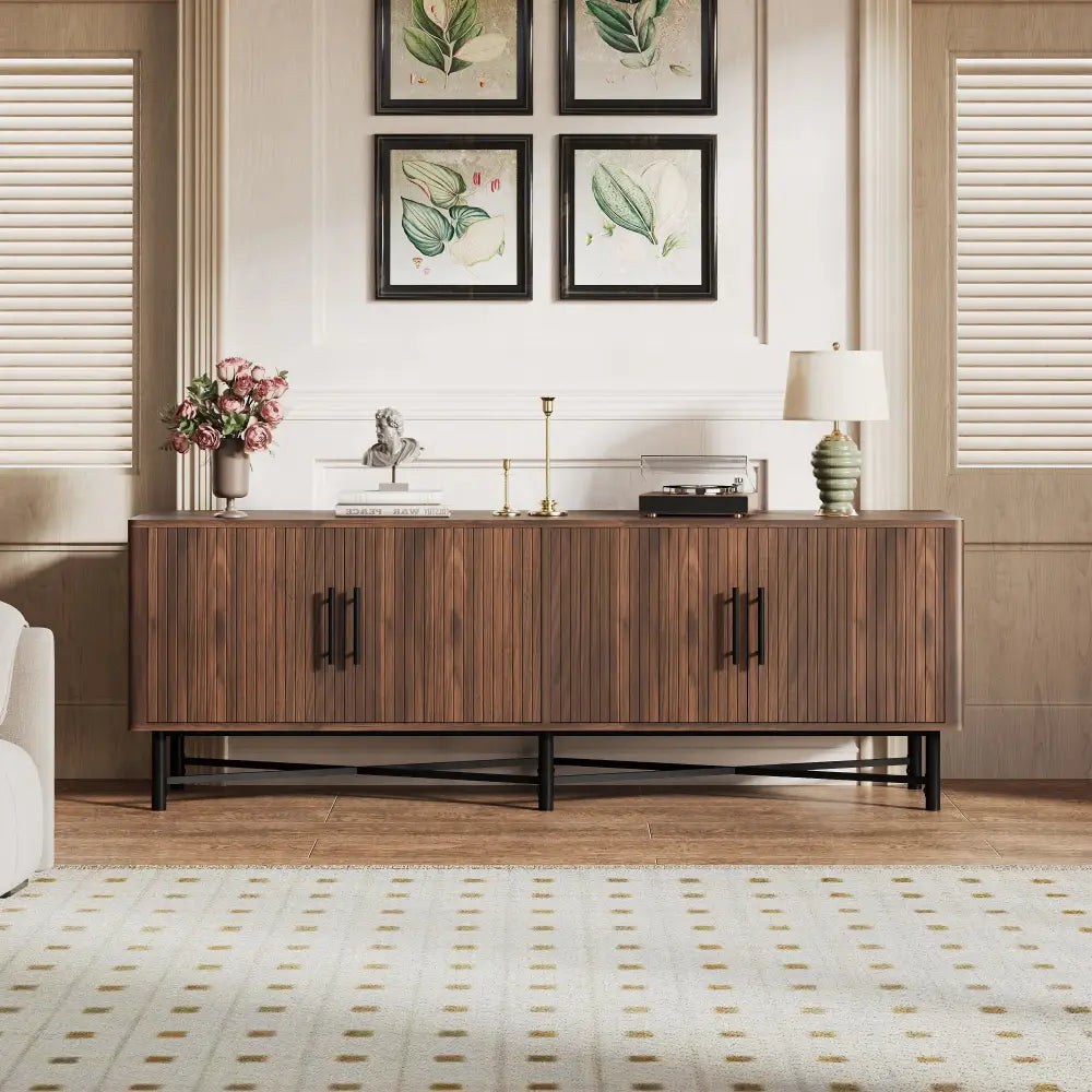 Chestnut wooden 4 door tv cabinet with vertical slats black metal legs and handles for living room storage