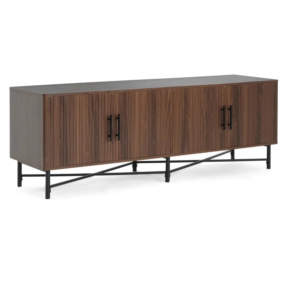 Modern wooden chestnut 4 door tv cabinet with dark brown vertical slats, black metal handles, and metal legs
