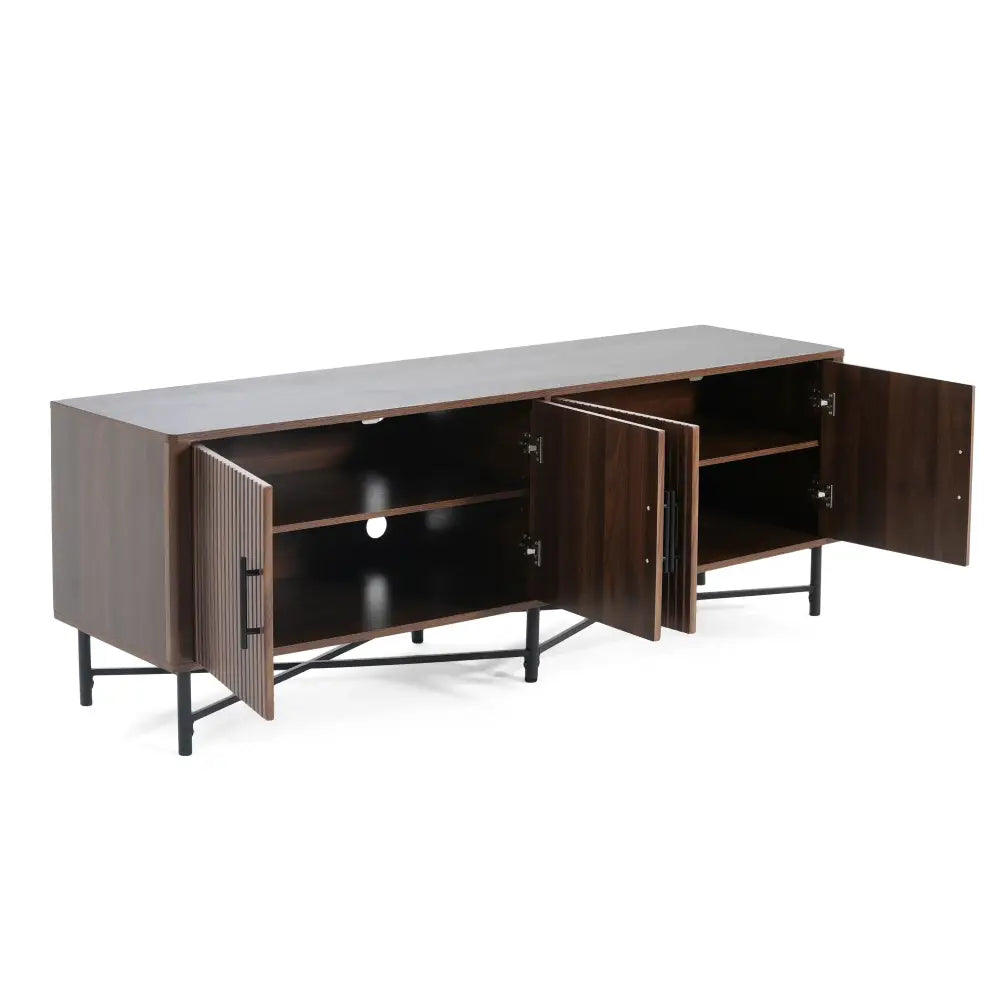 Modern dark wood chestnut 4 door tv cabinet with vertical slats and sleek black metal legs for media storage