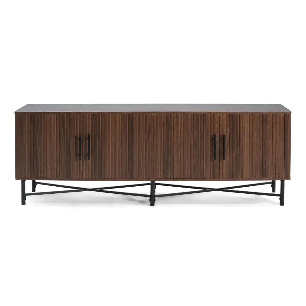 Chestnut 4 door tv cabinet with modern dark wood vertical slats and black metal legs sideboard design