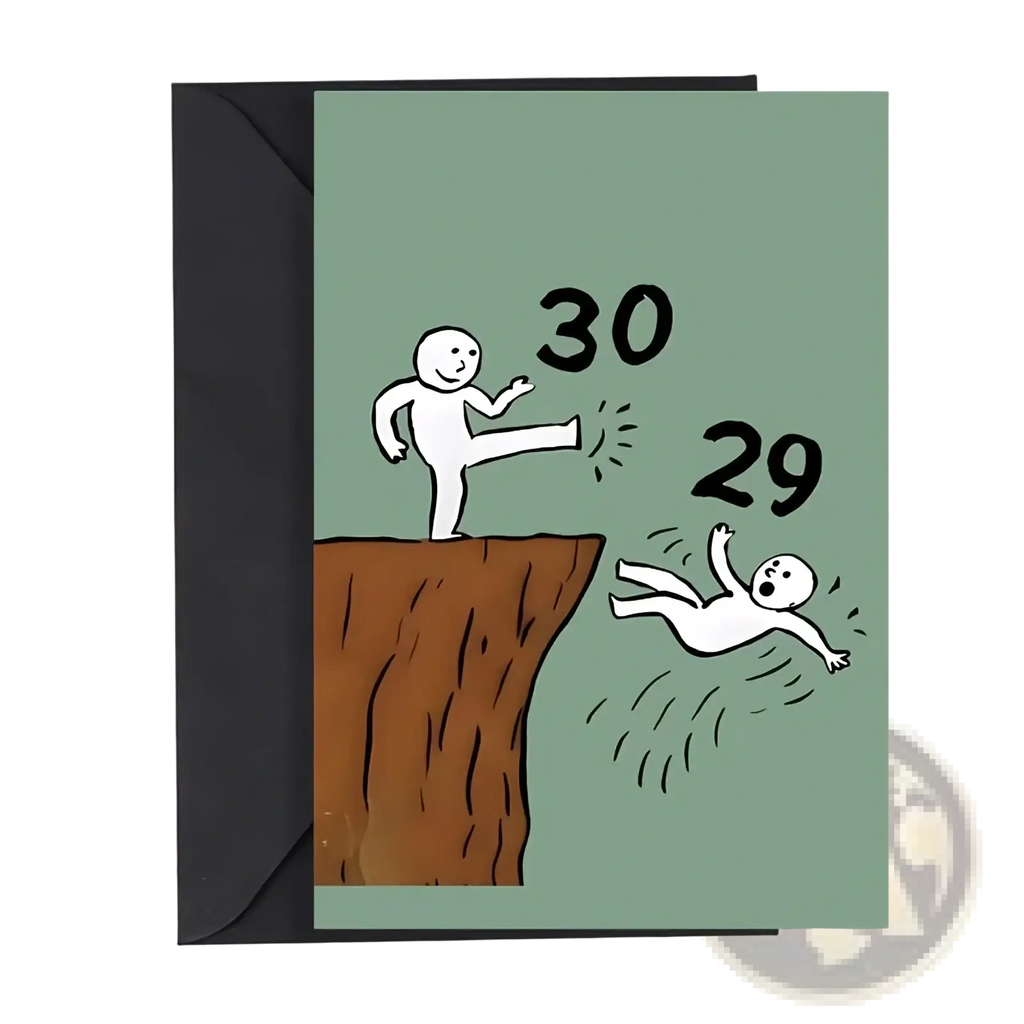 Minimalist funny 30th birthday card with sage green background featuring stick figures kicking 29 off a cliff