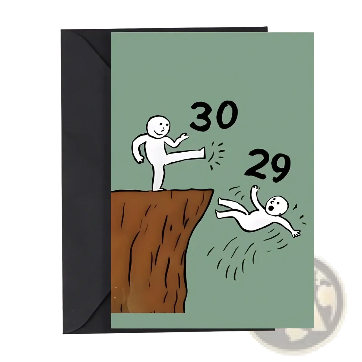 Minimalist funny 30th birthday card with sage green background featuring stick figures kicking 29 off a cliff