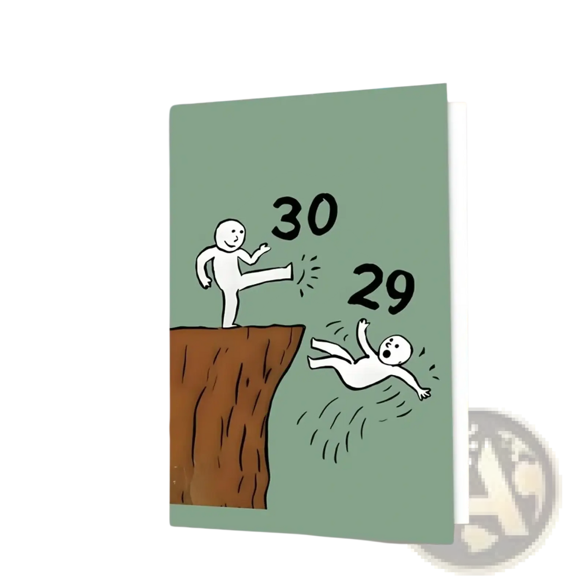 Funny 30th birthday card with green stick figure illustration of one figure kicking another over a cliff and numbers 30 and 29