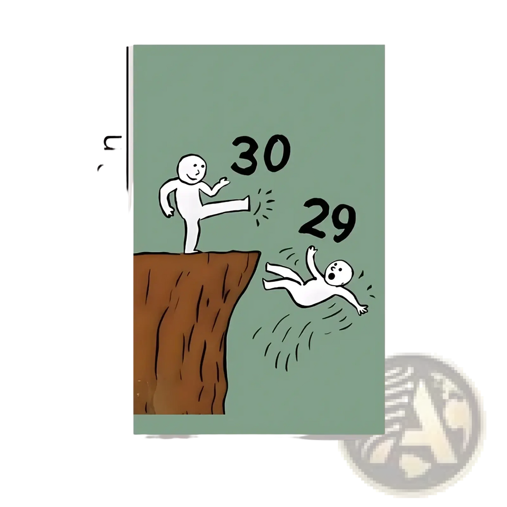 Funny 30th birthday card featuring minimalist white stick figures on a muted green rectangular canvas background