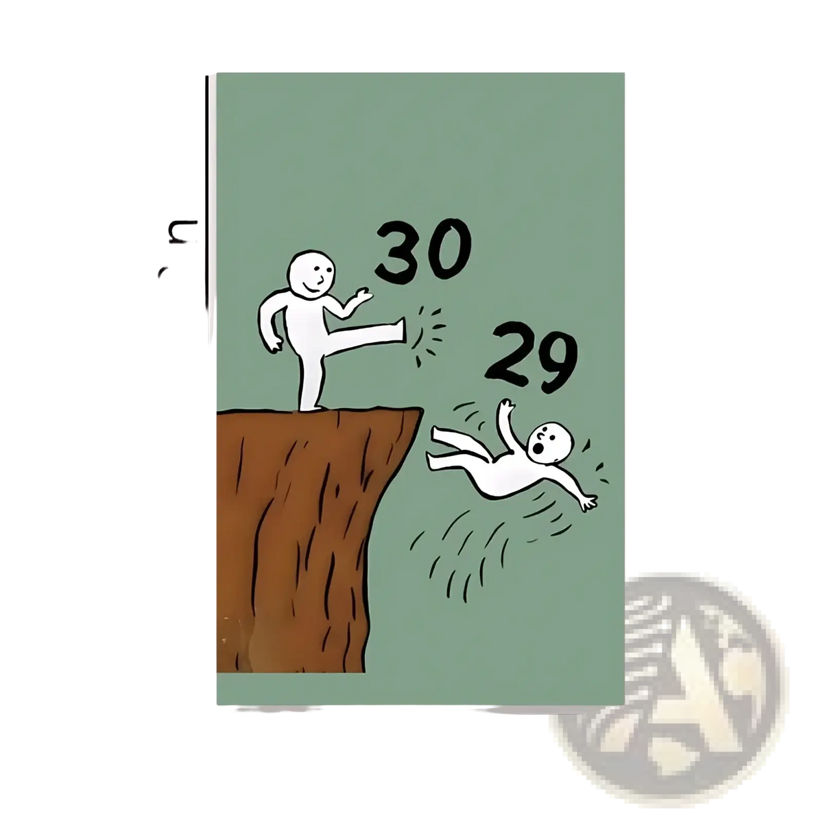 Funny 30th birthday card featuring minimalist white stick figures on a muted green rectangular canvas background
