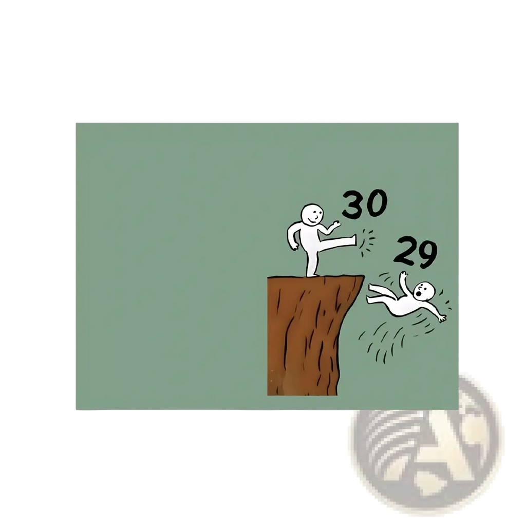 Funny 30th birthday card with minimalist white stick figures on a muted green background and a brown cliff design