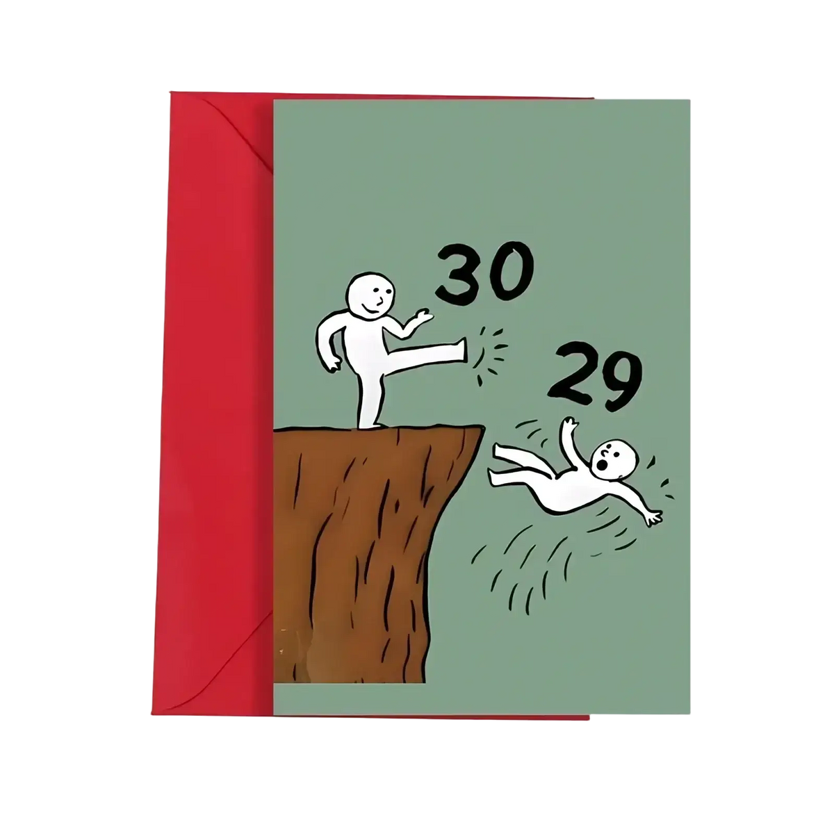 Minimalist funny 30th birthday card with red envelope featuring white stick figures on cliffside labeled 30 and 29