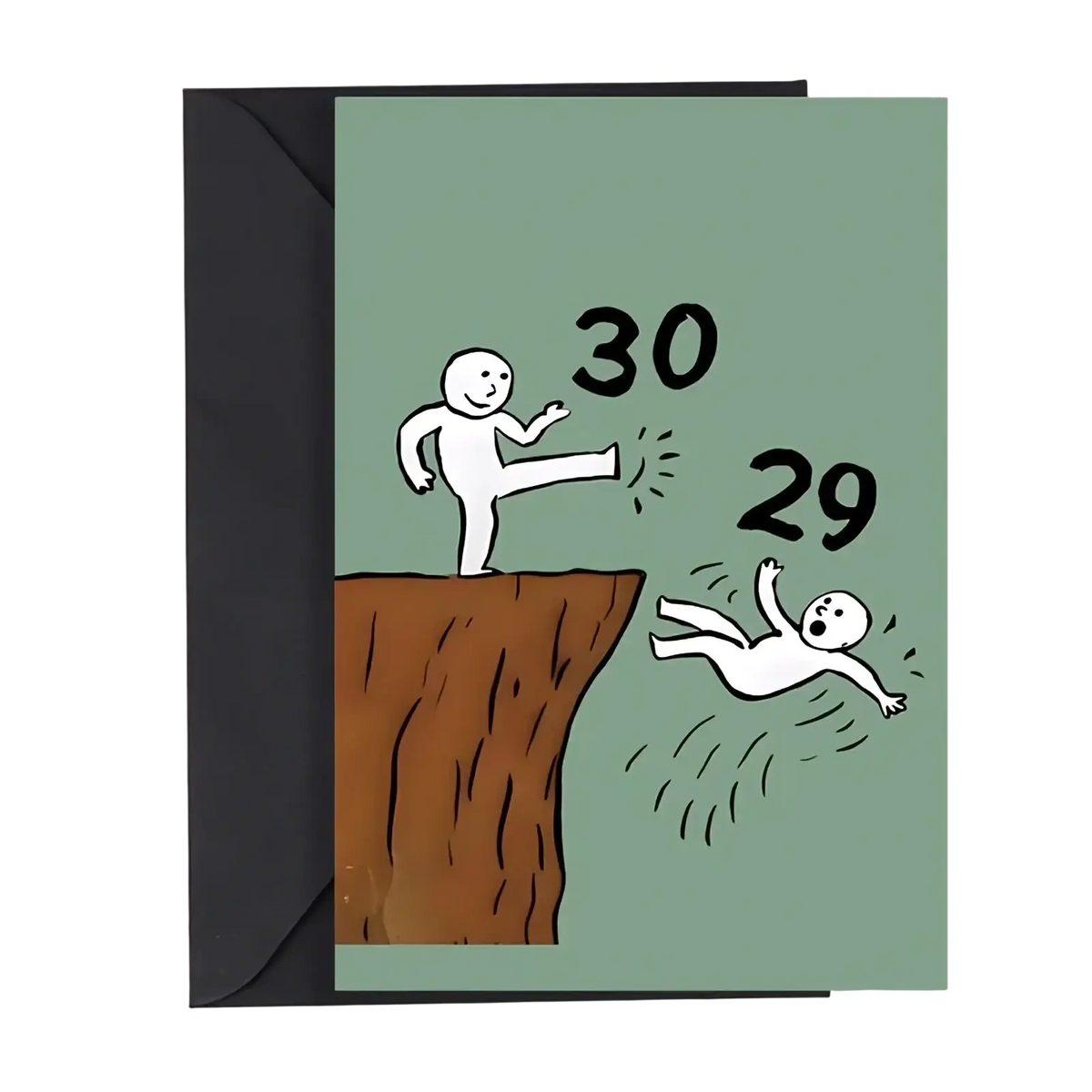 Minimalist funny 30th birthday card with sage green background featuring stick figures kicking 29 off a cliff