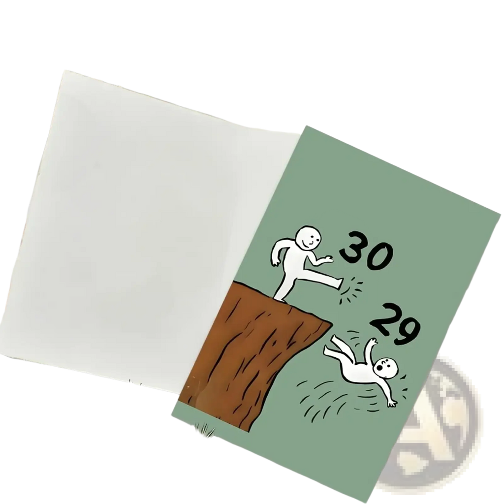 A mint green funny 30th birthday greeting card with cartoon stick figures on a cliff illustration