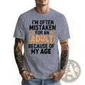 Gray heathered cotton t shirt with black and orange distressed text featuring funny adult age humor graphic