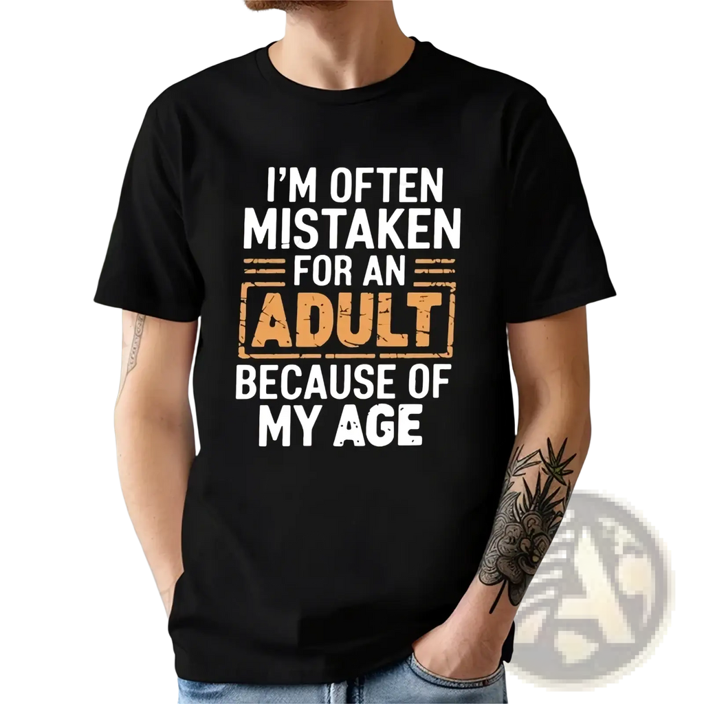 Black short-sleeved cotton t shirt with humorous white and distressed orange graphic text for adult age humor