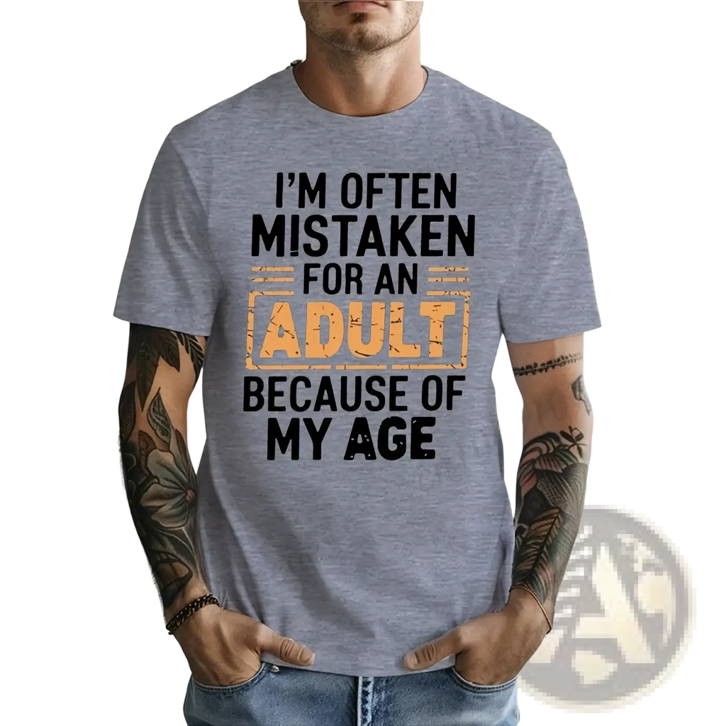 Gray heathered cotton t-shirt with black and orange distressed text for funny adult age humor graphic design