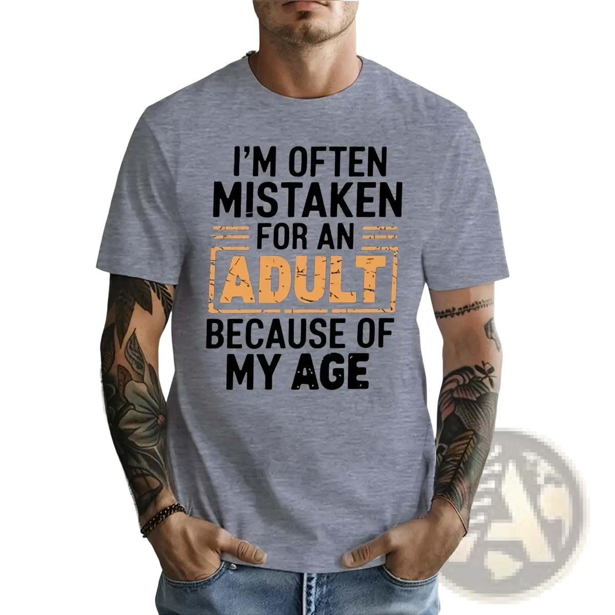 Gray heathered cotton t-shirt with black and orange distressed text for funny adult age humor graphic design