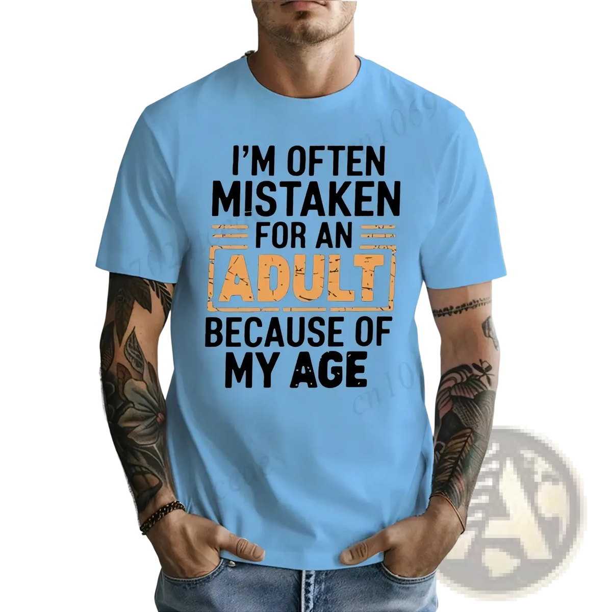 Light blue short-sleeved cotton t-shirt with bold black and orange funny adult age humor graphic print